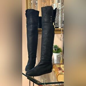 *RARE* Jimmy Choo Black Fur Leather Over the Knee Thigh High Boots Size 41